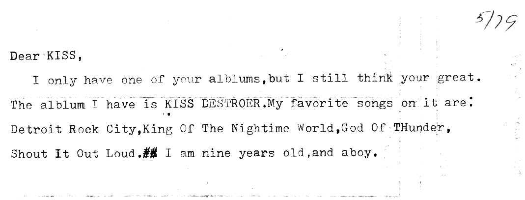 My letter to Gene Simmons of KISS, May 1979